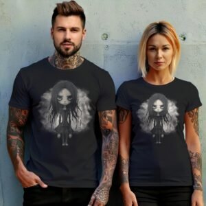 gothic doll big eyes dark hair t-shirt design, variation 10