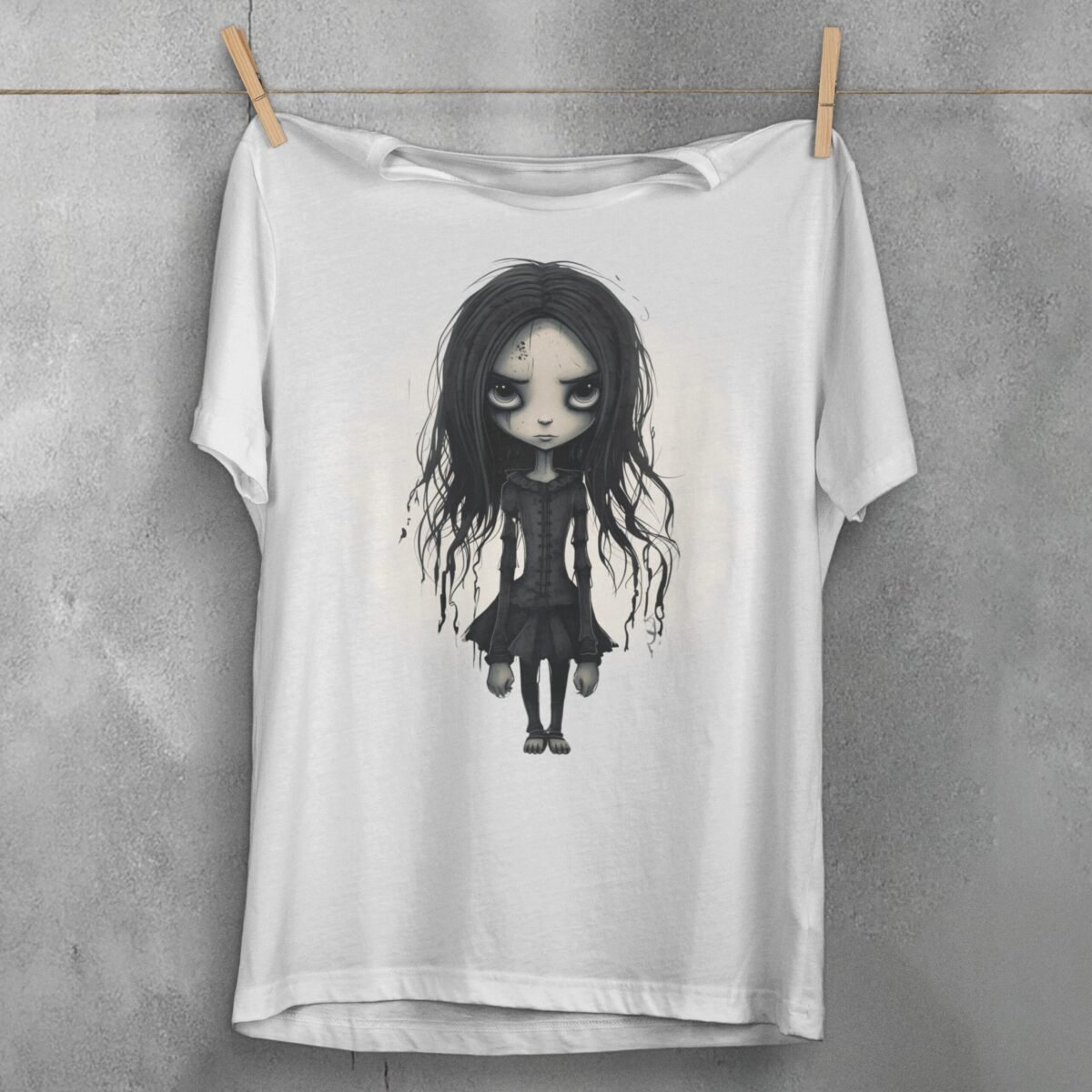 gothic doll big eyes dark hair t-shirt design, variation 2