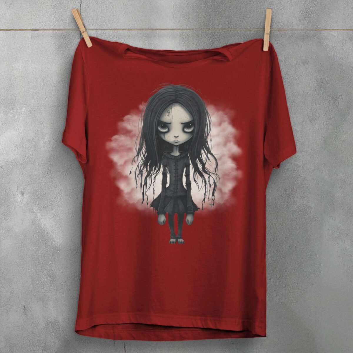 gothic doll big eyes dark hair t-shirt design, variation 4