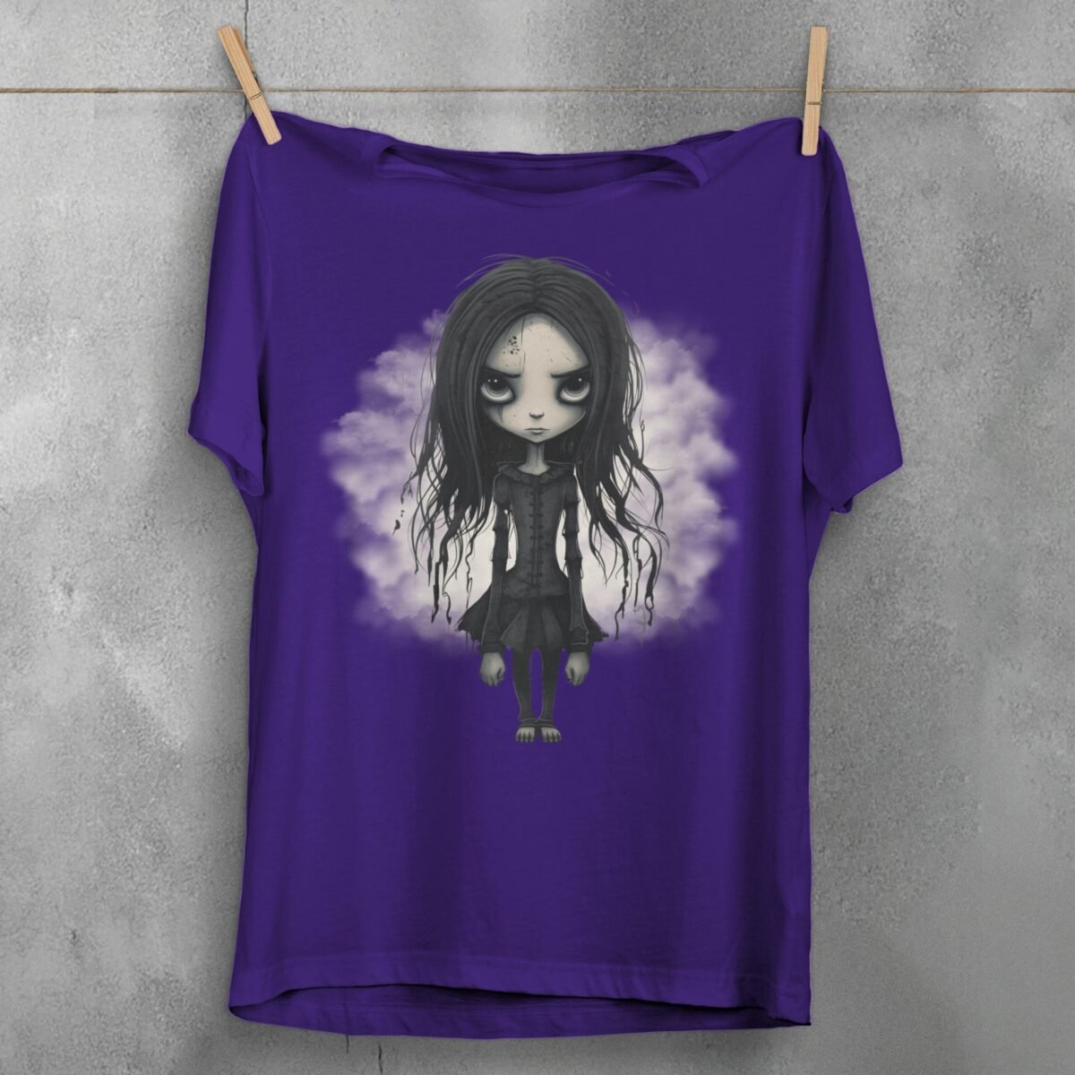 gothic doll big eyes dark hair t-shirt design, variation 5