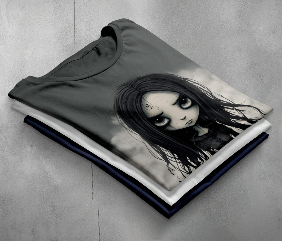 gothic doll big eyes dark hair t-shirt design, variation 7