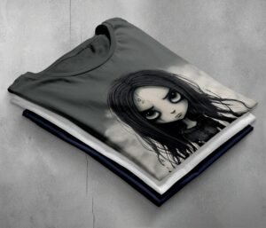 gothic doll big eyes dark hair t-shirt design, variation 7