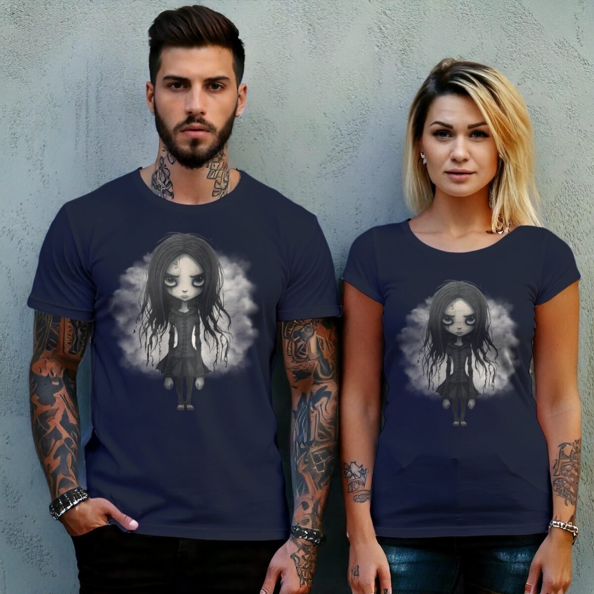 gothic doll big eyes dark hair t-shirt design, variation 8