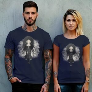 gothic doll big eyes dark hair t-shirt design, variation 8