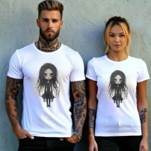 gothic doll big eyes dark hair t-shirt design, variation 9