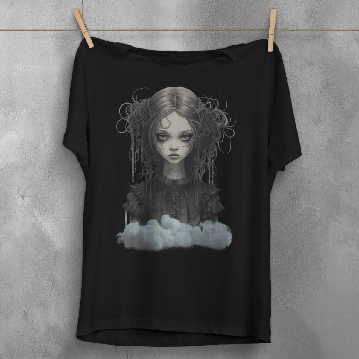 gothic dream girl portrait clouds theogham t-shirt design, variation 1