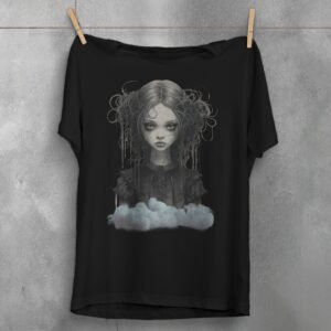 gothic dream girl portrait clouds theogham t-shirt design, variation 1