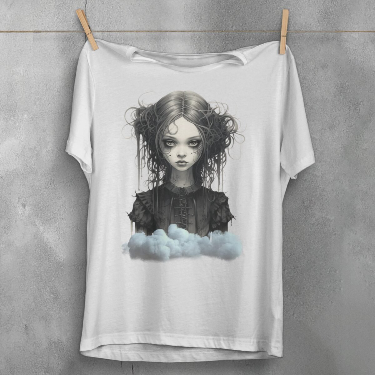 gothic dream girl portrait clouds theogham t-shirt design, variation 2