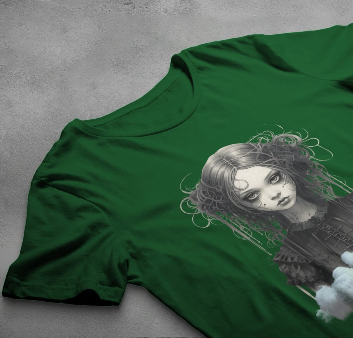 gothic dream girl portrait clouds theogham t-shirt design, variation 6