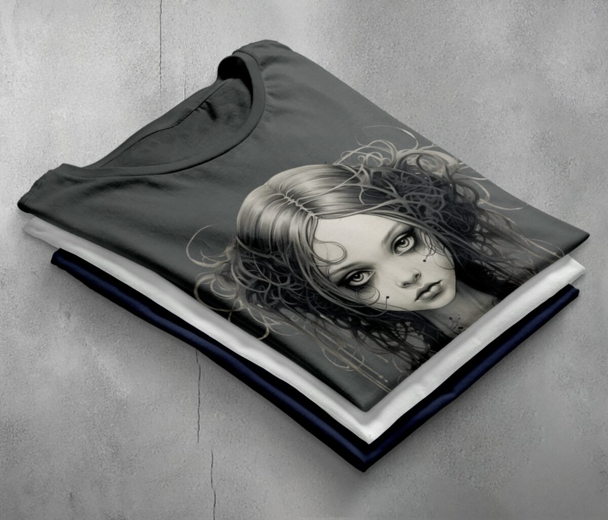 gothic dream girl portrait clouds theogham t-shirt design, variation 7