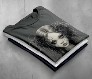 gothic dream girl portrait clouds theogham t-shirt design, variation 7
