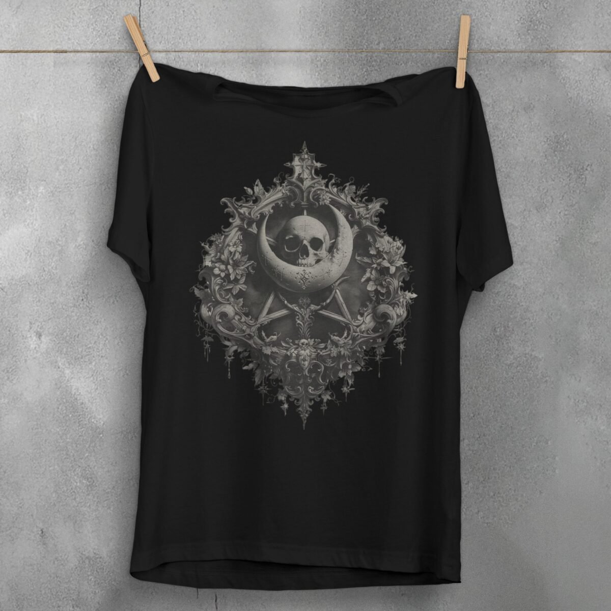 Gothic skeleton moon pentagram floral celestial artwork for dark t-shirt - 1