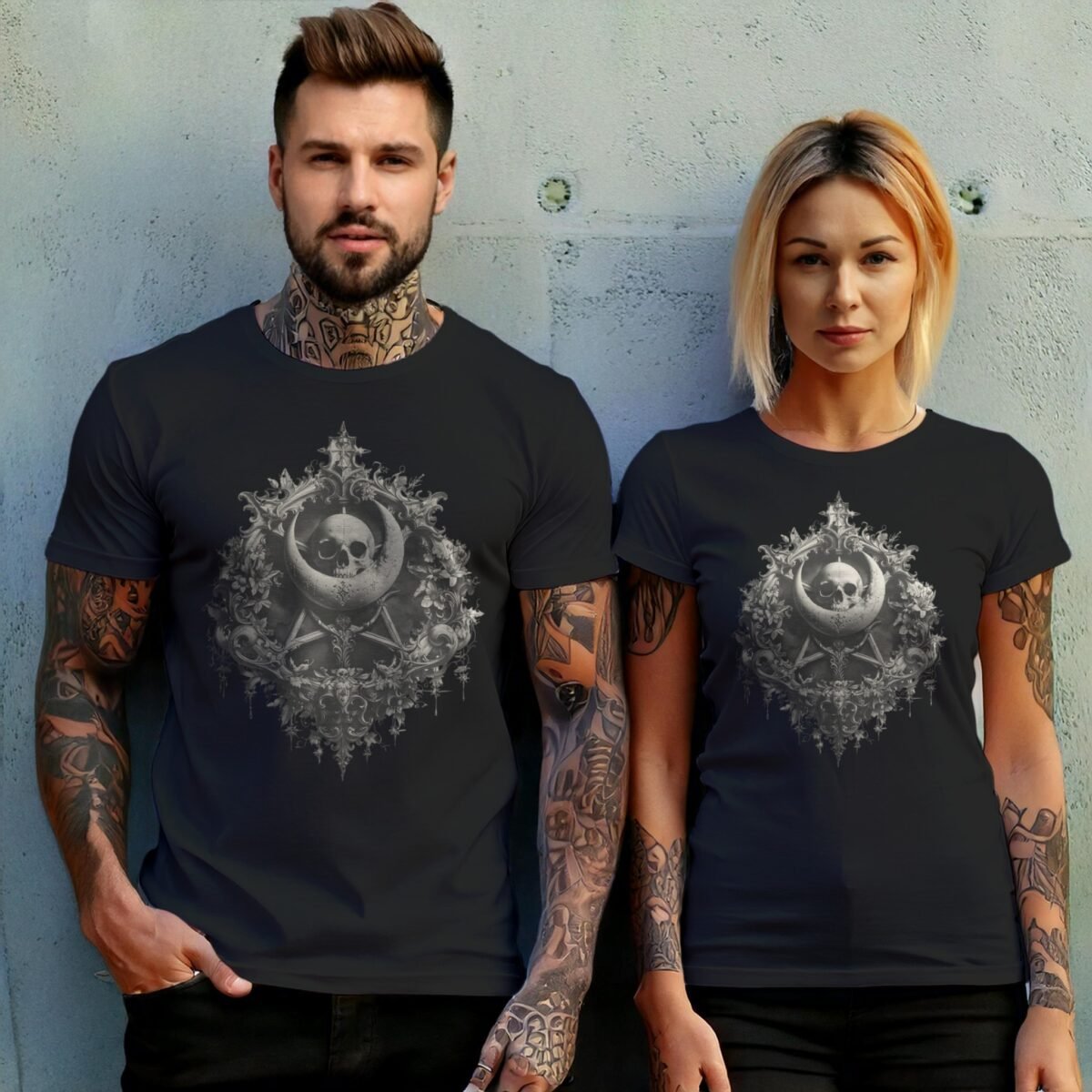 Gothic skeleton moon pentagram floral celestial artwork for dark t-shirt - 10