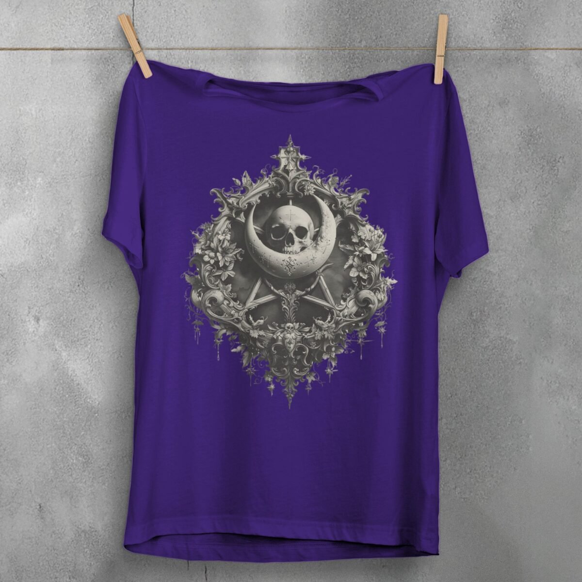 Gothic skeleton moon pentagram floral celestial artwork for dark t-shirt - 5