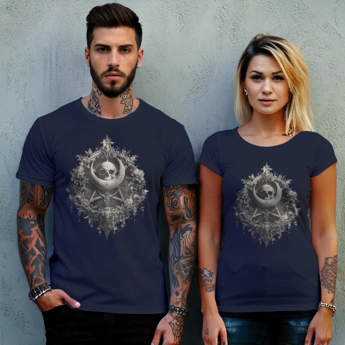 Gothic skeleton moon pentagram floral celestial artwork for dark t-shirt - 8