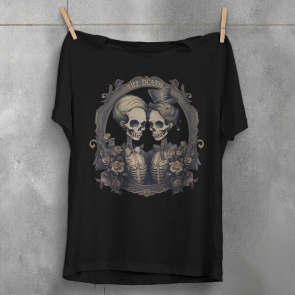gothic till death part elegant skeleton lovers t-shirt design, variation 1