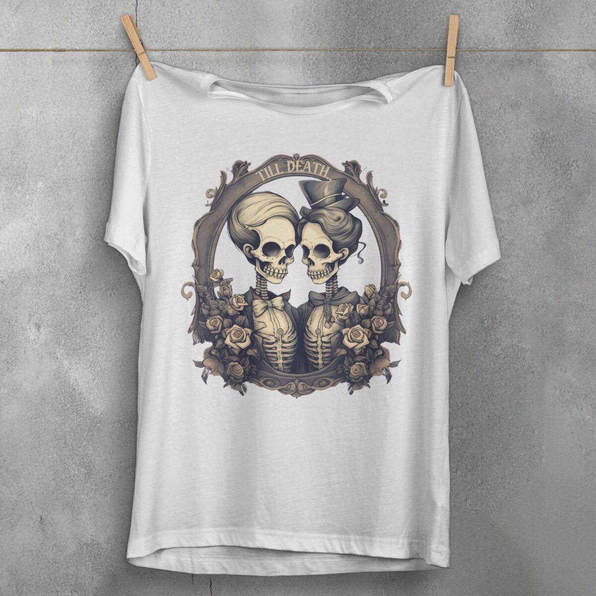 gothic till death part elegant skeleton lovers t-shirt design, variation 2