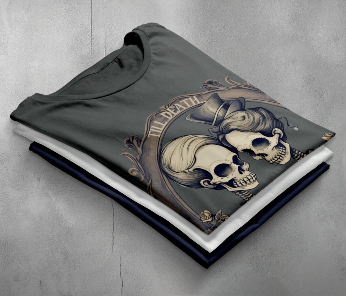gothic till death part elegant skeleton lovers t-shirt design, variation 7