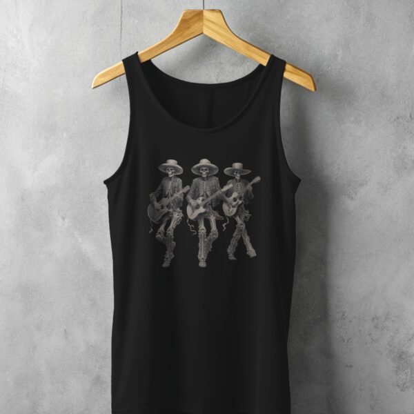 grateful dead skeleton trio playing guitars awesome pattern tank design, variation 1