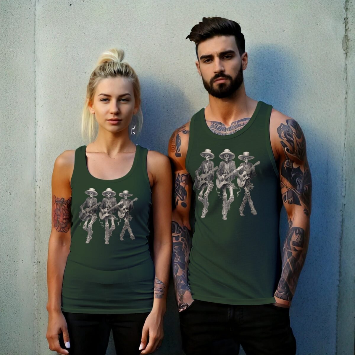 grateful dead skeleton trio playing guitars awesome pattern tank design, variation 6