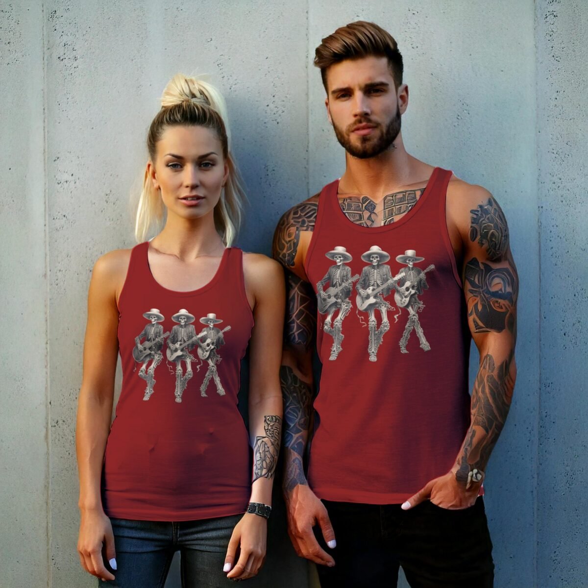 grateful dead skeleton trio playing guitars awesome pattern tank design, variation 8