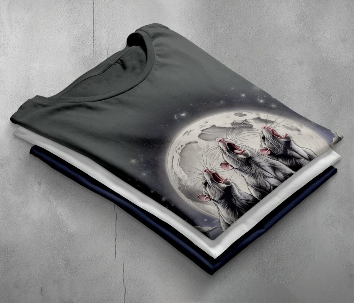three moon rats howl together night sky t-shirt design, variation 7