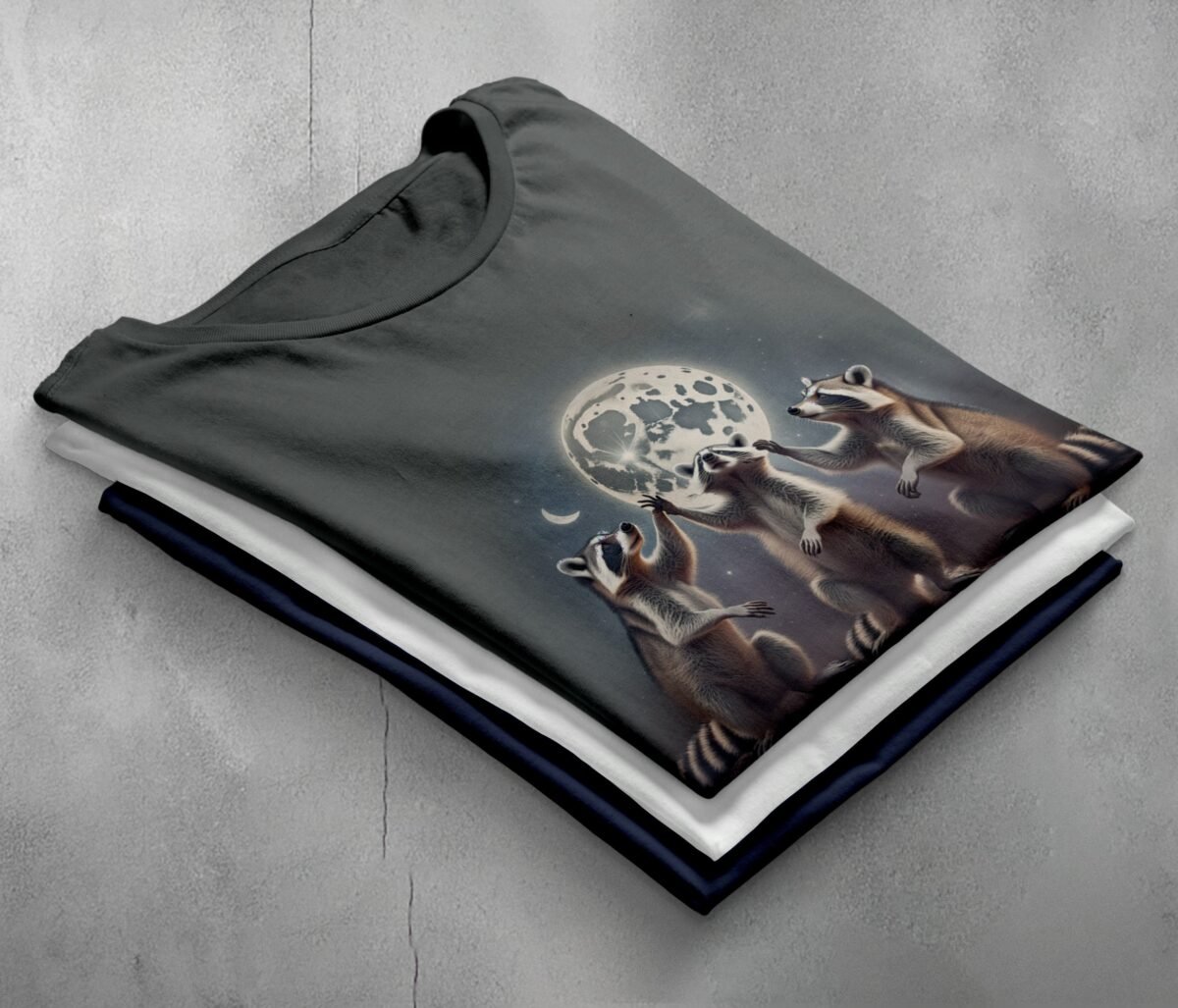 three raccoons singing moonlight animal t-shirt design, variation 7