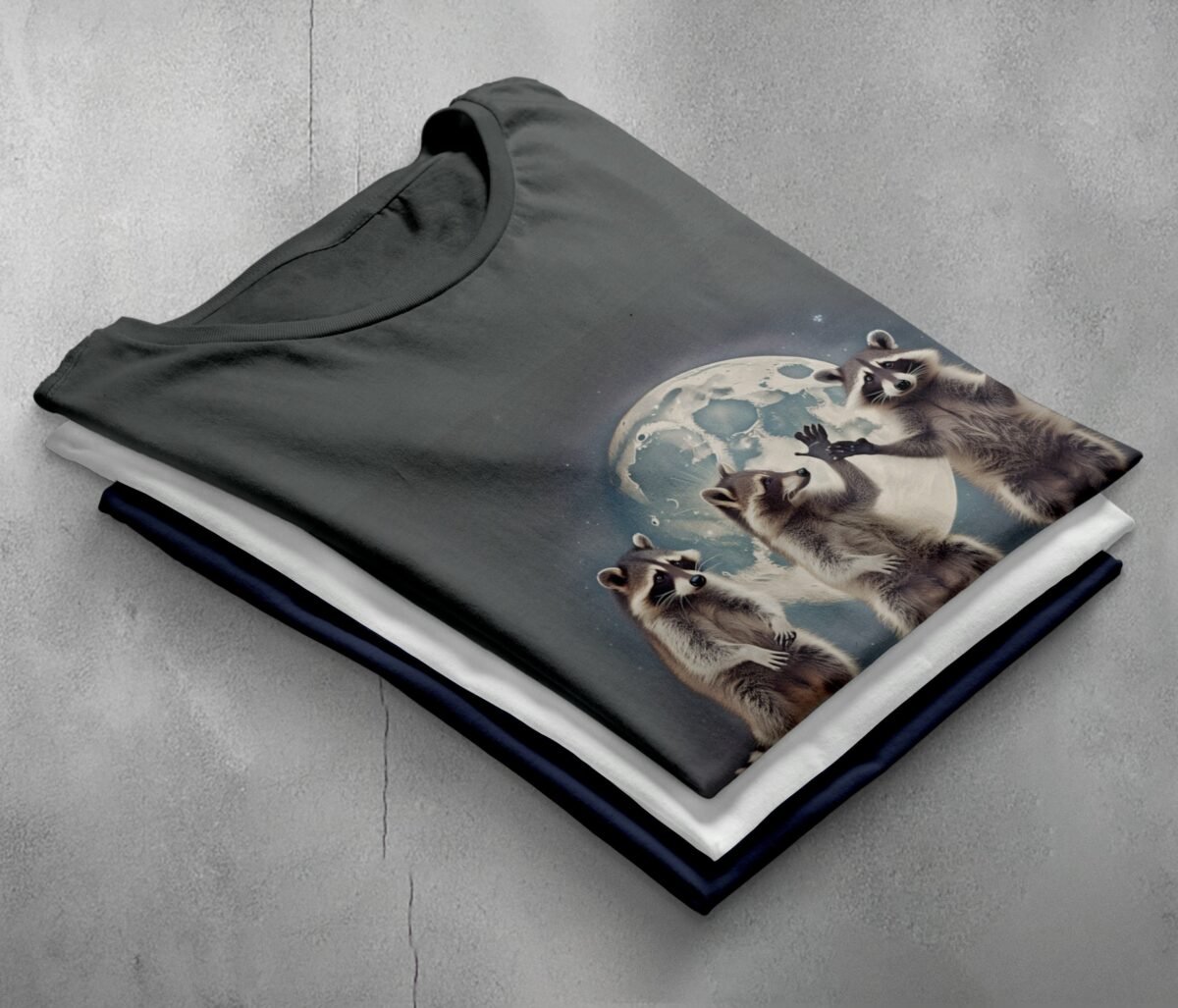three raccoons gather luminous moon animal t-shirt design, variation 7