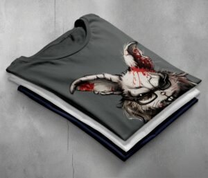 evil white rabbit chainsaw creepy cute gothic animal t-shirt design, variation 7