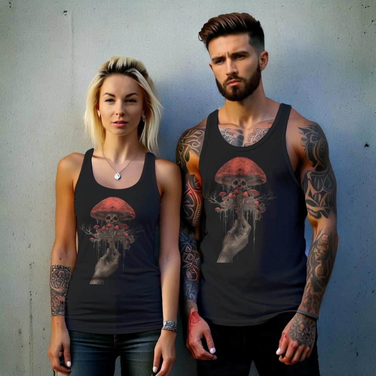 Hand holding skeletal fungi ethereal yet haunting aesthetic scene tank top - 9