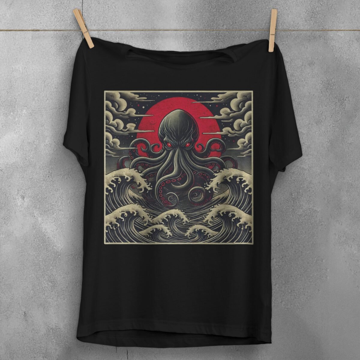 kraken awakes great waves japan gothic animal t-shirt design, variation 1