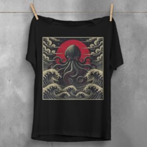 kraken awakes great waves japan gothic animal t-shirt design, variation 1