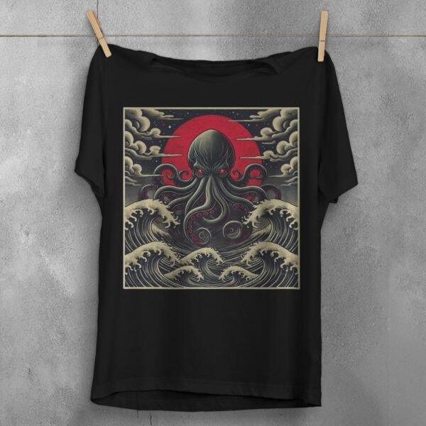 kraken awakes great waves japan gothic animal t-shirt design, variation 1