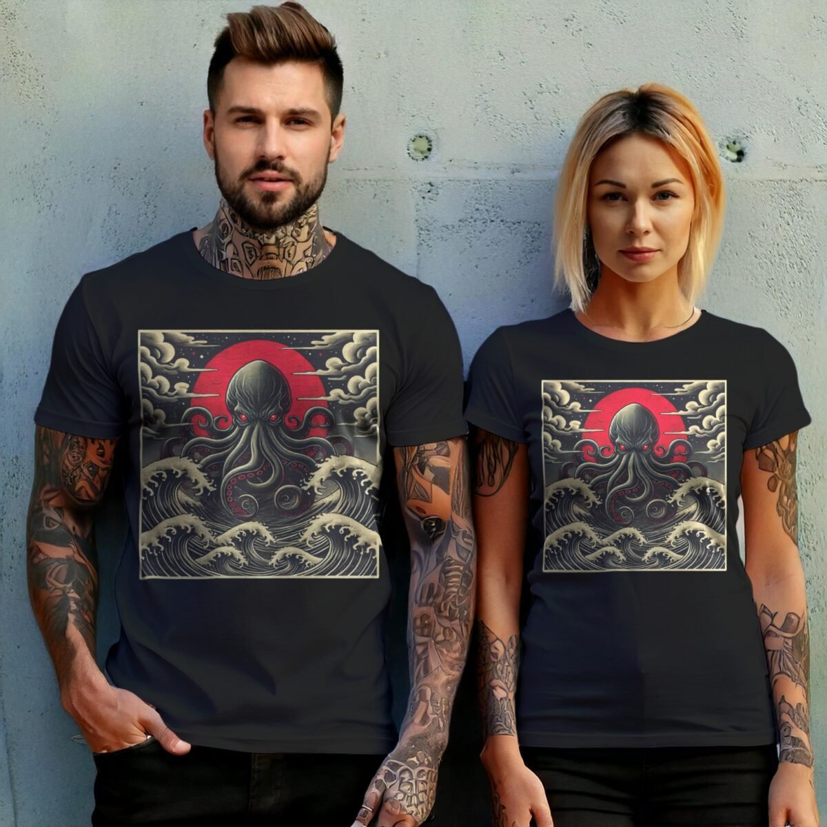 kraken awakes great waves japan gothic animal t-shirt design, variation 10