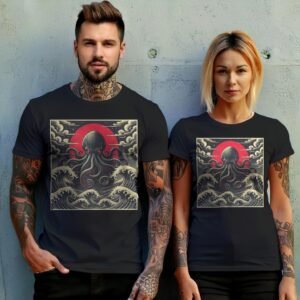 kraken awakes great waves japan gothic animal t-shirt design, variation 10