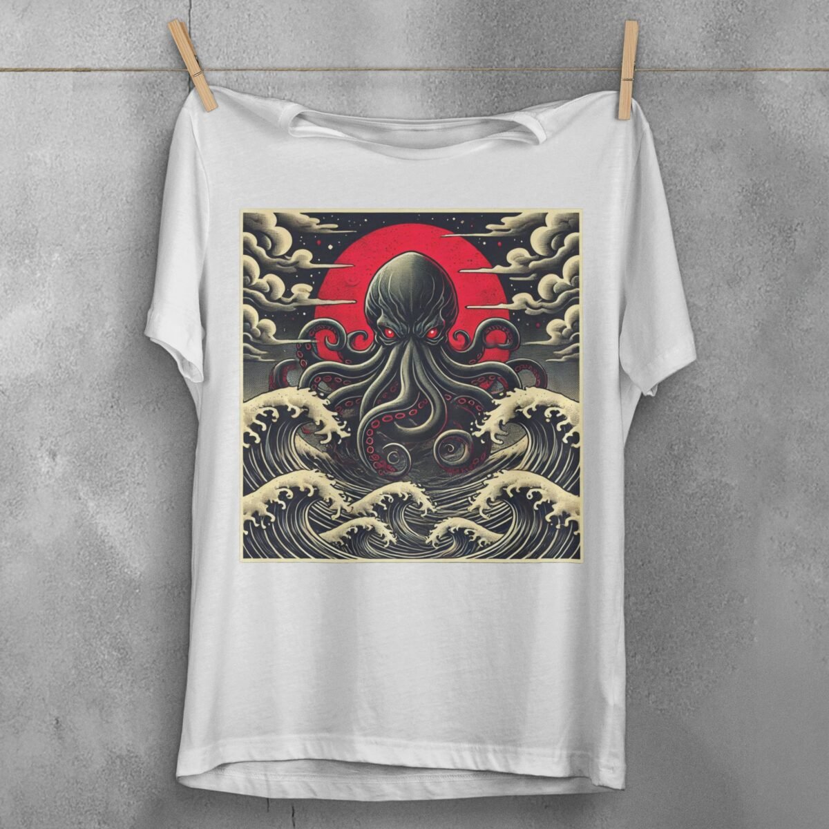kraken awakes great waves japan gothic animal t-shirt design, variation 2