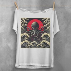 kraken awakes great waves japan gothic animal t-shirt design, variation 2