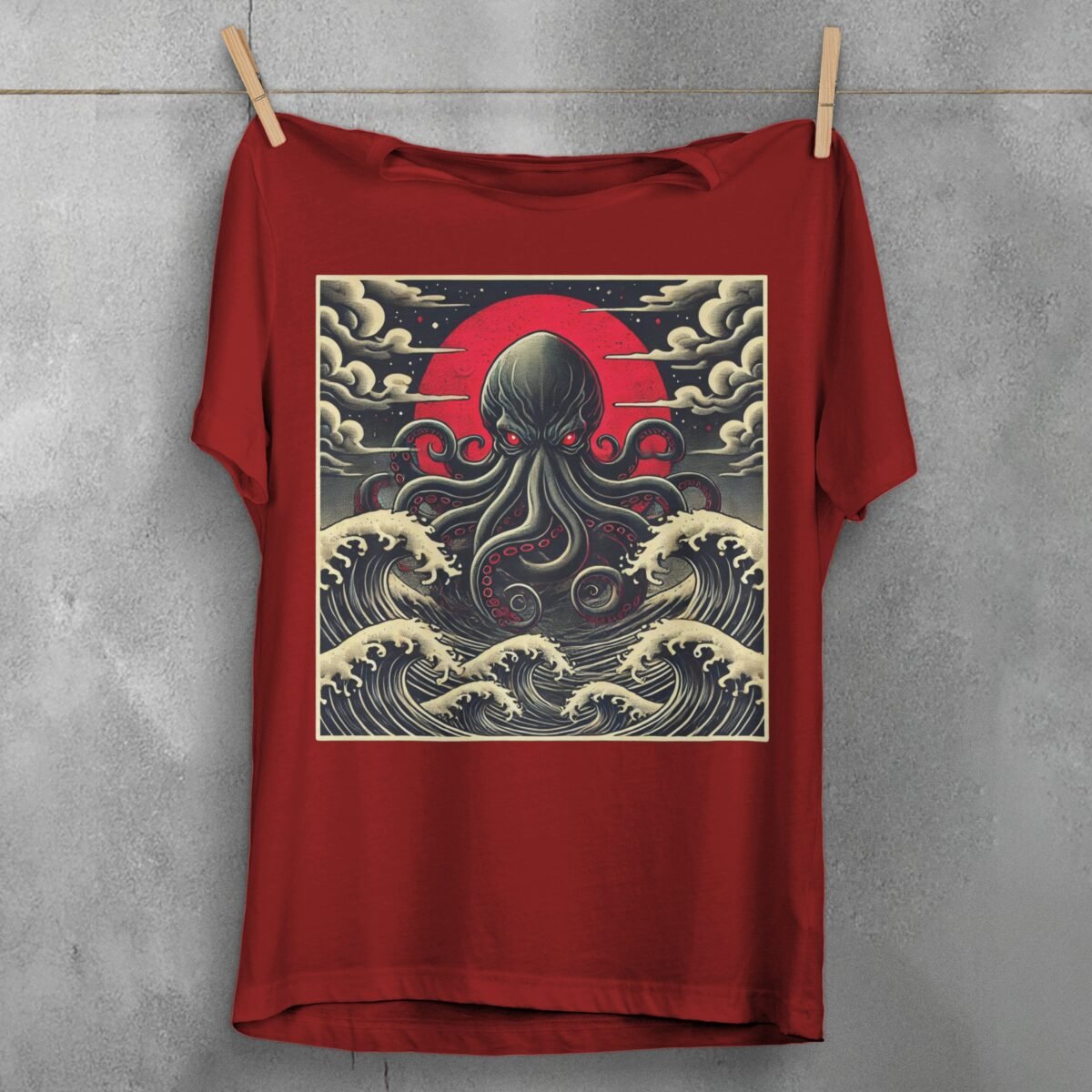 kraken awakes great waves japan gothic animal t-shirt design, variation 4