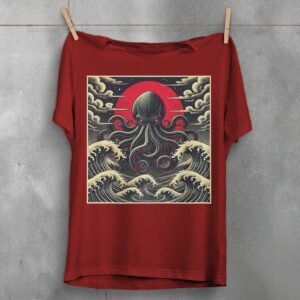 kraken awakes great waves japan gothic animal t-shirt design, variation 4
