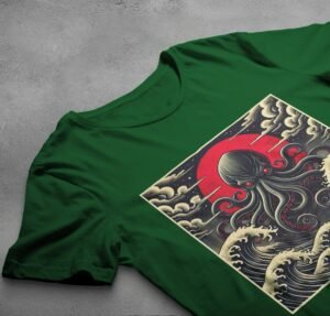 kraken awakes great waves japan gothic animal t-shirt design, variation 6