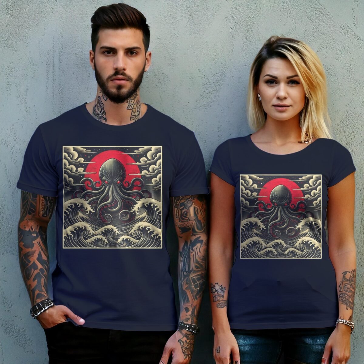 kraken awakes great waves japan gothic animal t-shirt design, variation 8