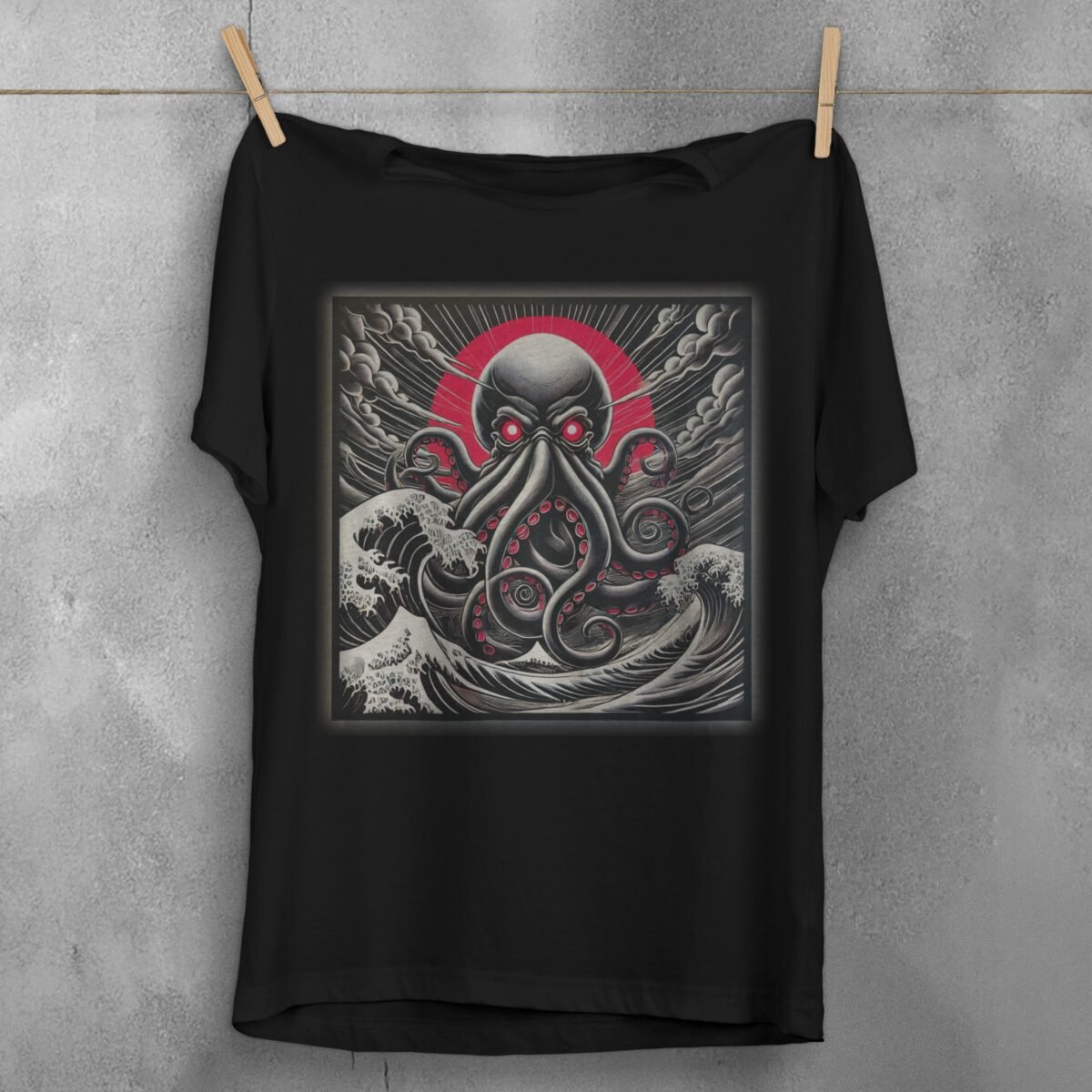 kraken rise great wave gothic occult japan animal t-shirt design, variation 1