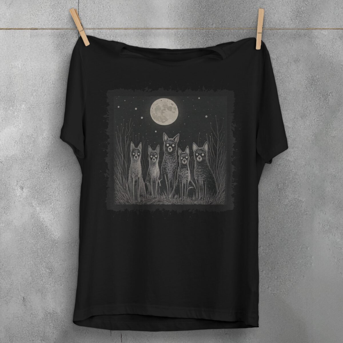 moonlit night spooky wolves pack creepy cute animals t-shirt design, variation 1