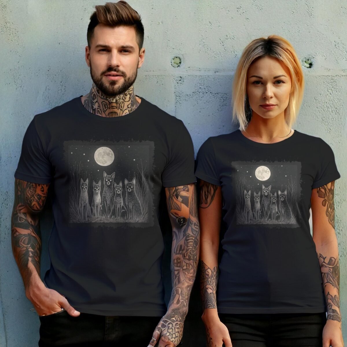 moonlit night spooky wolves pack creepy cute animals t-shirt design, variation 10