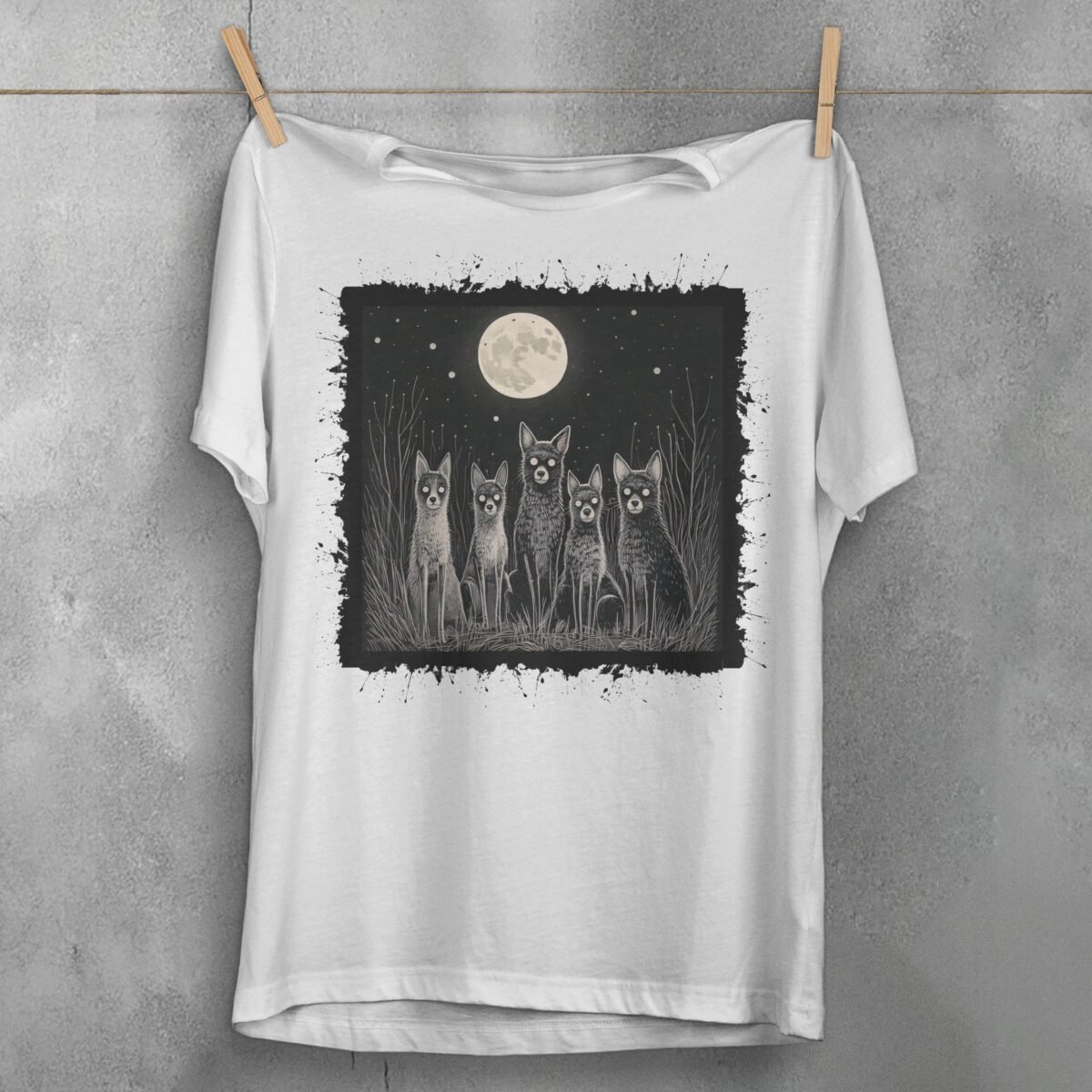 moonlit night spooky wolves pack creepy cute animals t-shirt design, variation 2