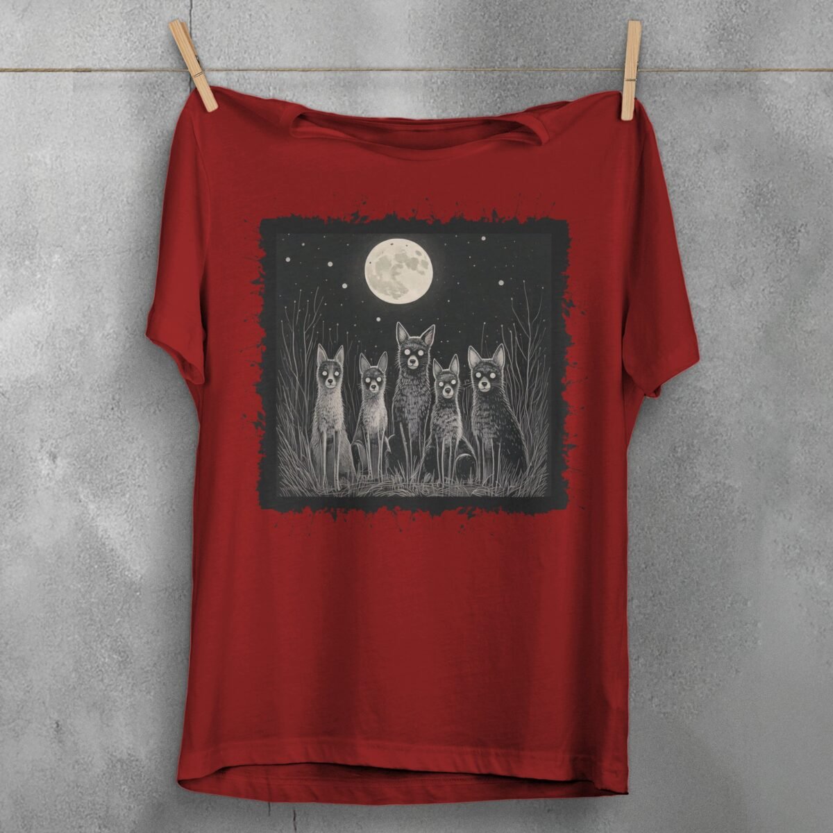 moonlit night spooky wolves pack creepy cute animals t-shirt design, variation 4