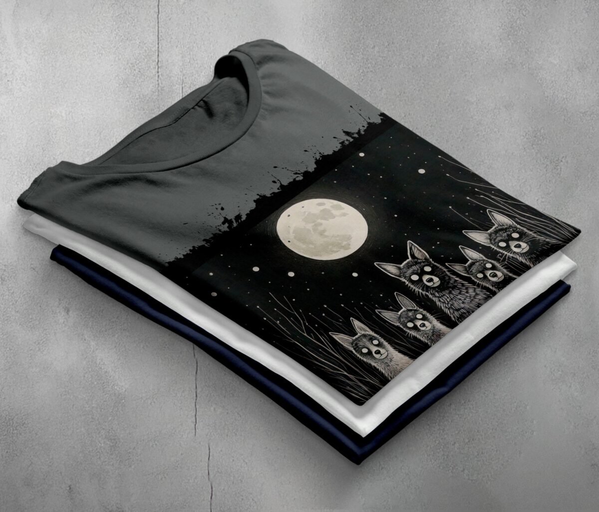 moonlit night spooky wolves pack creepy cute animals t-shirt design, variation 7