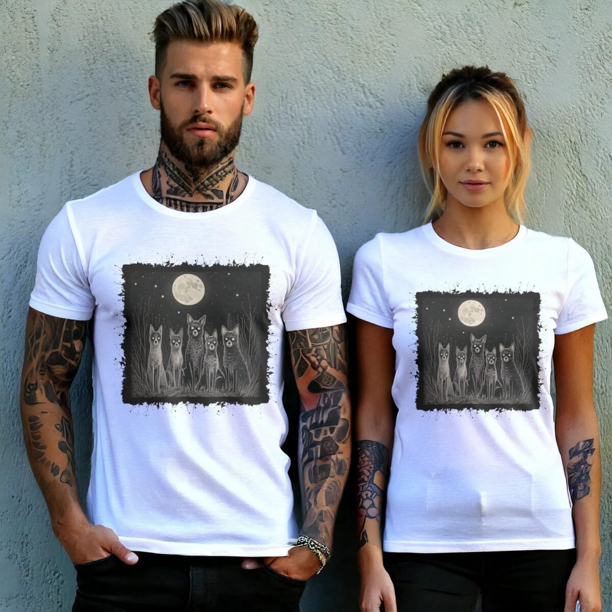 moonlit night spooky wolves pack creepy cute animals t-shirt design, variation 9