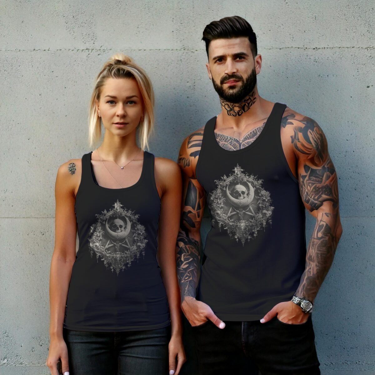 moonlit skeleton framed pentagram gothic pattern artwork tank design, variation 7