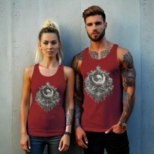 moonlit skeleton framed pentagram gothic pattern artwork tank design, variation 8